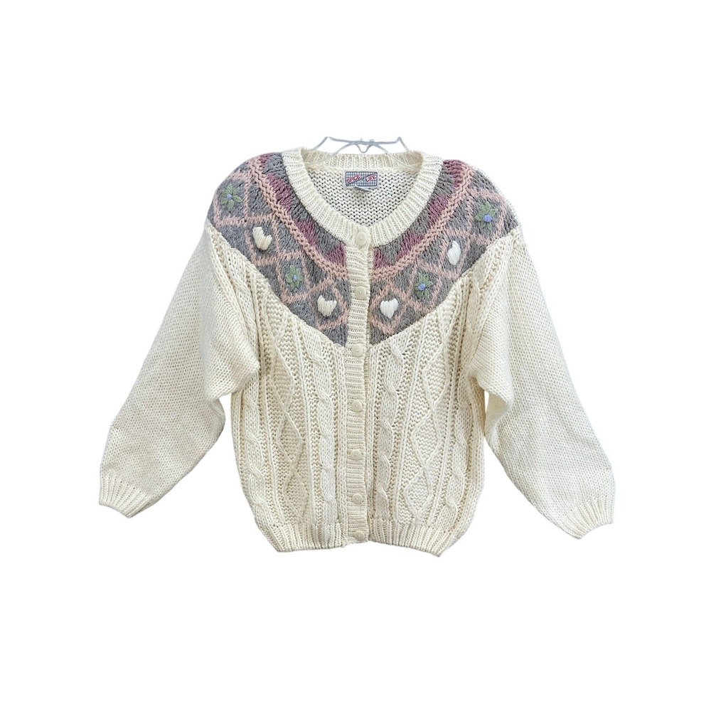 VTG Spice of Life Cardigan M Cream Cable‎ Knit Heart Flower Embroidered Sweater